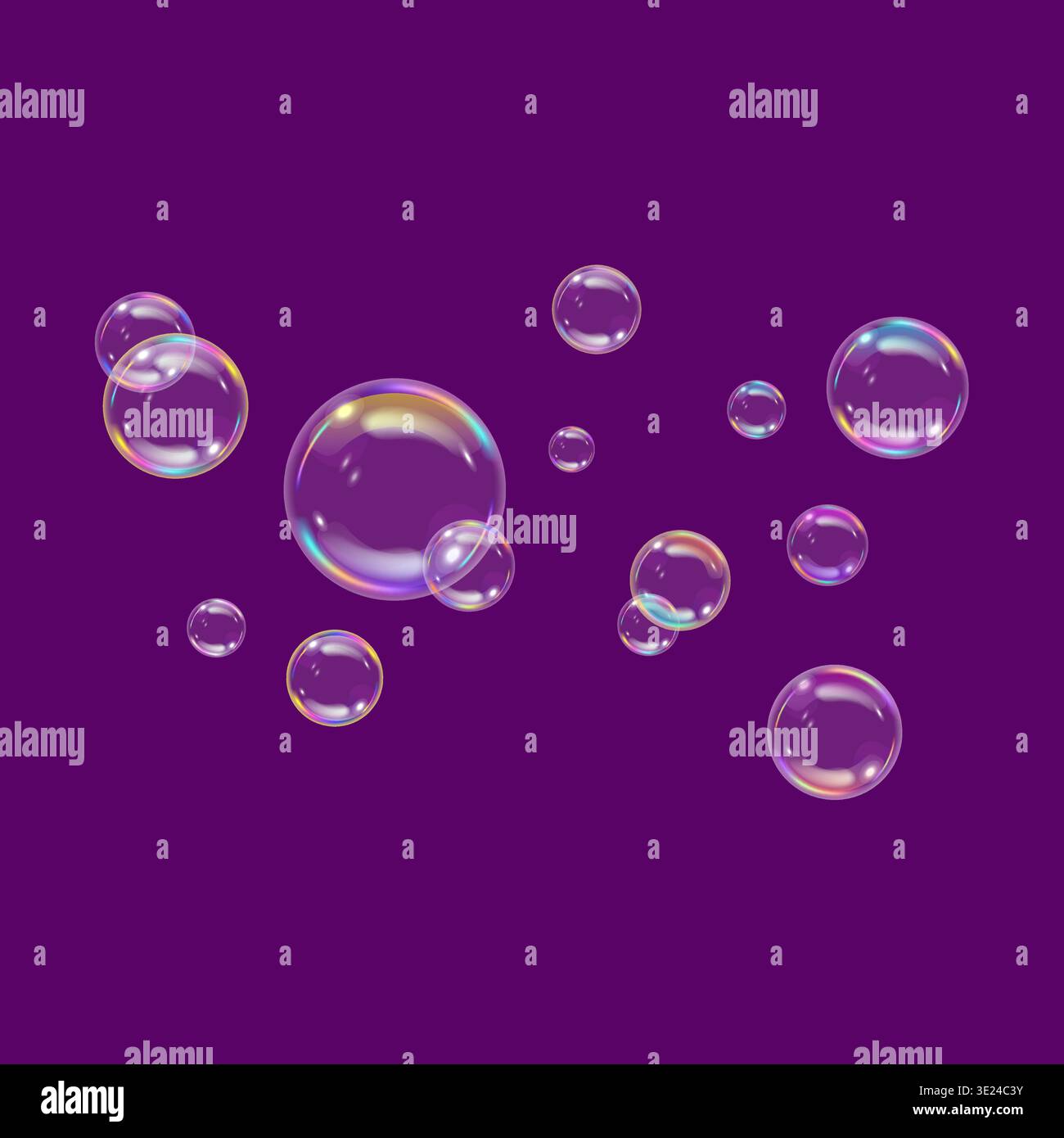 Colorful soap bubbles with on purple background. Vector design. Stock Vector
