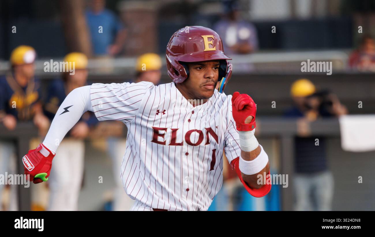 Elon's Jackson Alford (1) runs to first base during an NCAA baseball ...