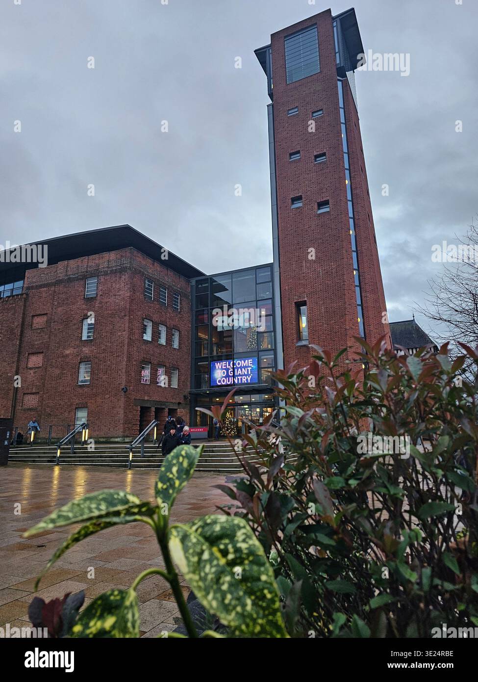 The entrance and tower of the Royal Shakespeare Theatre in Stratford-upon-Avon showcase the iconic venue for Shakespeare performances and UK theatre. - Smartphone Captured Stock Image