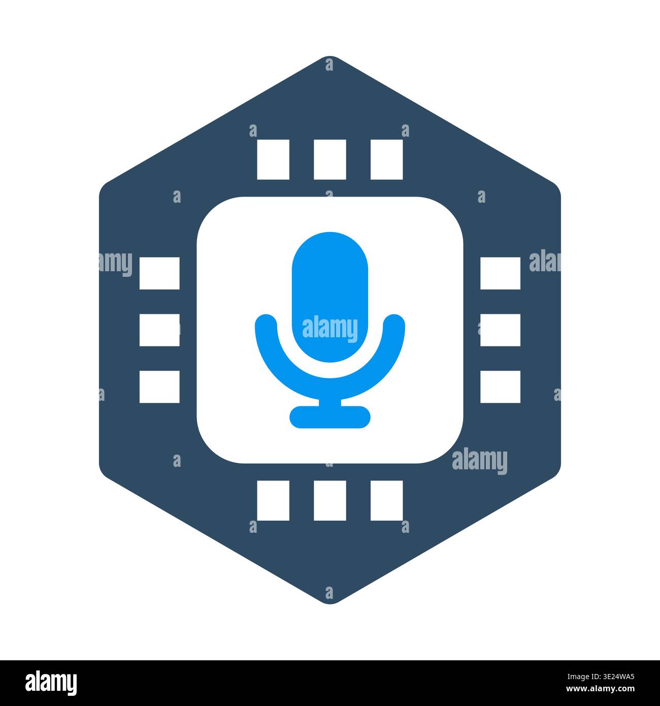A microphone inside a processor frame represents speech technology and voice computing. This icon is suitable for voice assistants, audio software, la Stock Vector