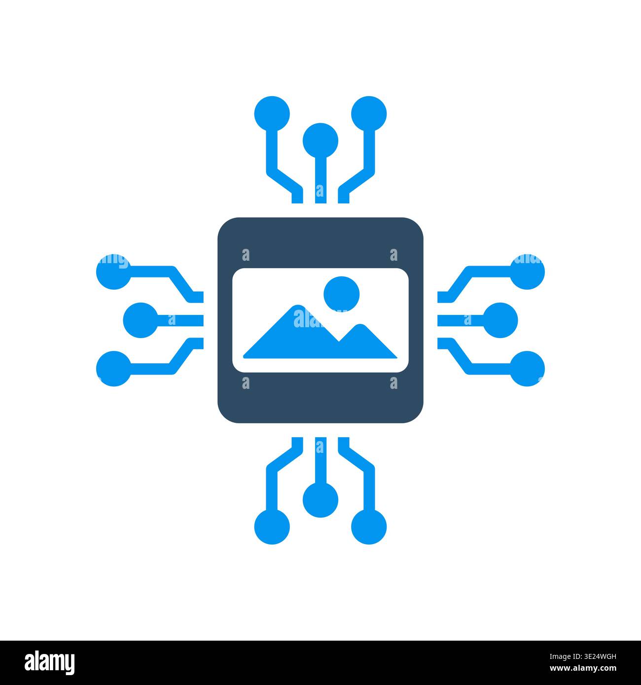 A picture frame connected to circuit lines symbolizes image generation and creative computing. This icon is suitable for generative software, design t Stock Vector