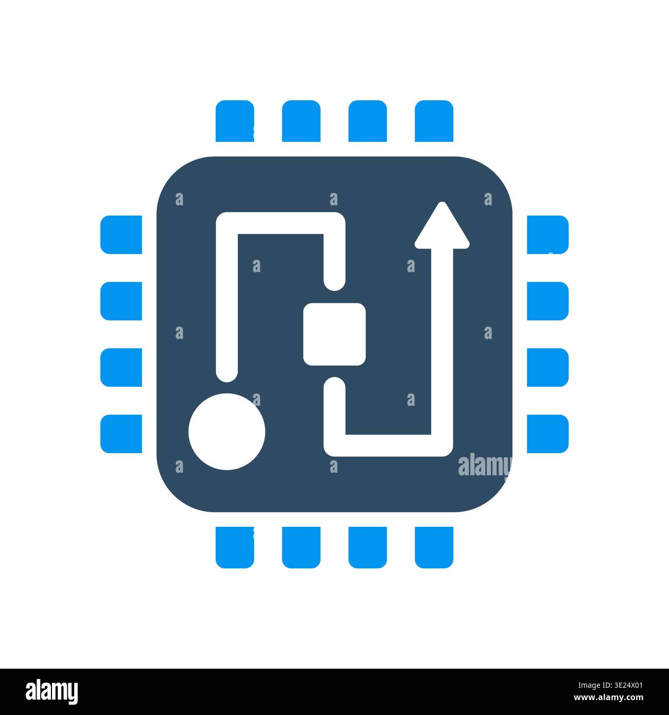A processor with an internal path and arrow represents data processing and directional workflow. This icon is suitable for computing systems, automati Stock Vector