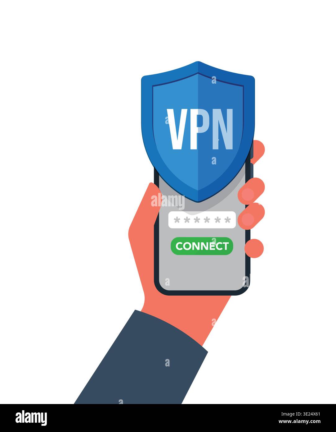 Connecting To VPN Via Mobile Network. Hand holding smartphone showing mobile app of a VPN service. stock illustration. Stock Vector
