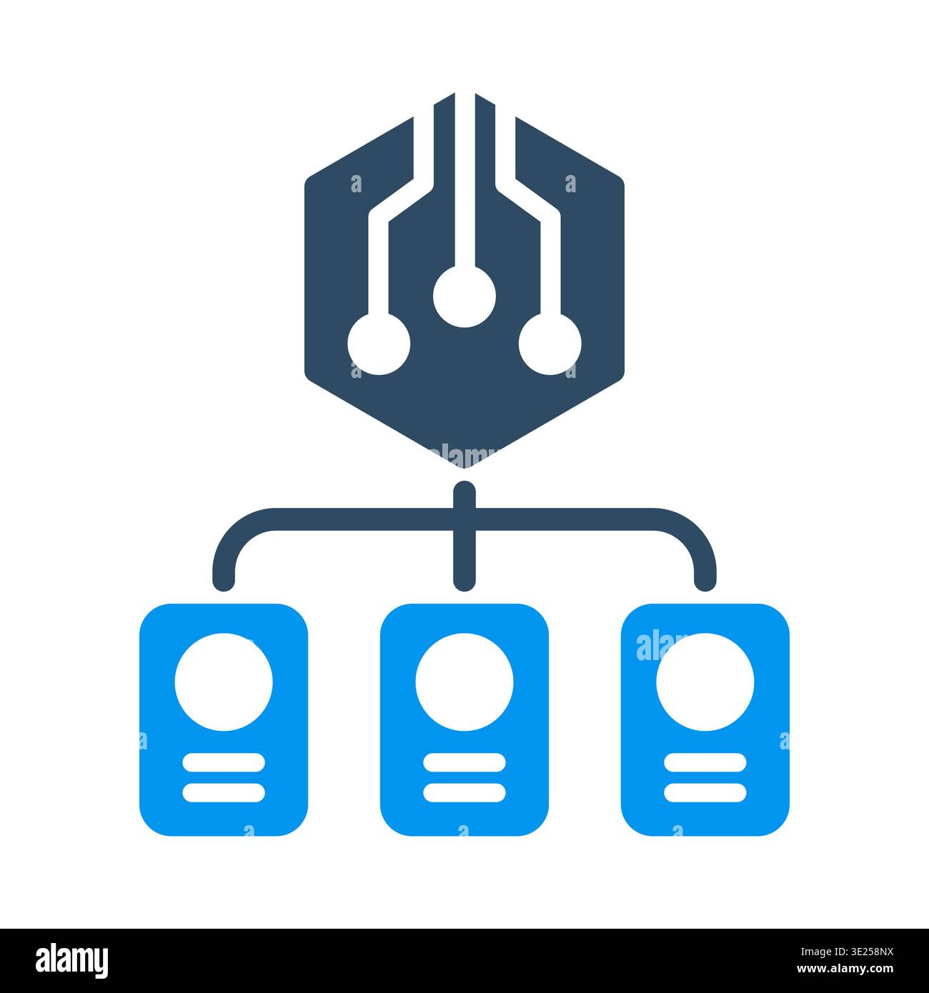A processor symbol branches into labeled tags to show classification and organized data grouping. This icon is useful for machine learning workflows, Stock Vector