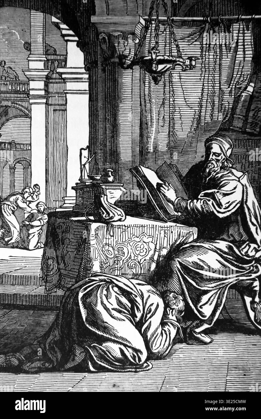 Illustration of the Parable of the Unforgiving Servant - the King Forgave the Servant's Debt after he begged him to and yet the Servant wouldn't forgi Stock Photo