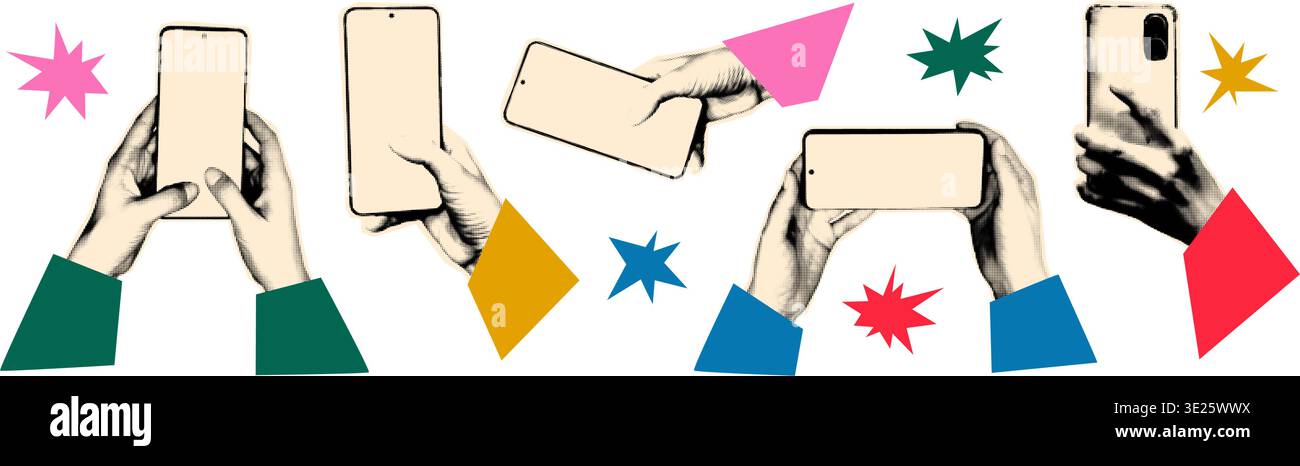 Halftone hands using smartphones vector illustration Stock Vector