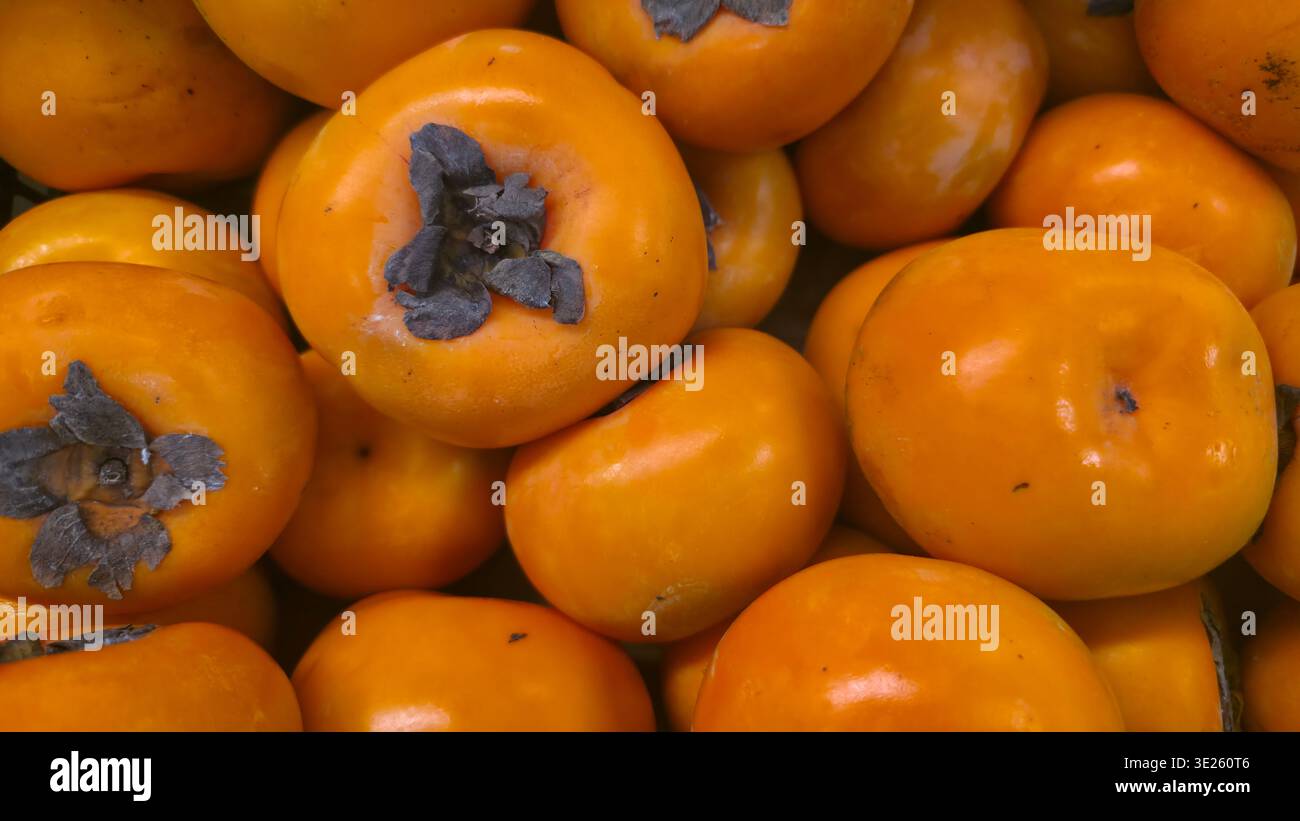 Fresh ripe persimmons with vibrant orange color, healthy organic fruit background - Smartphone Captured Stock Image