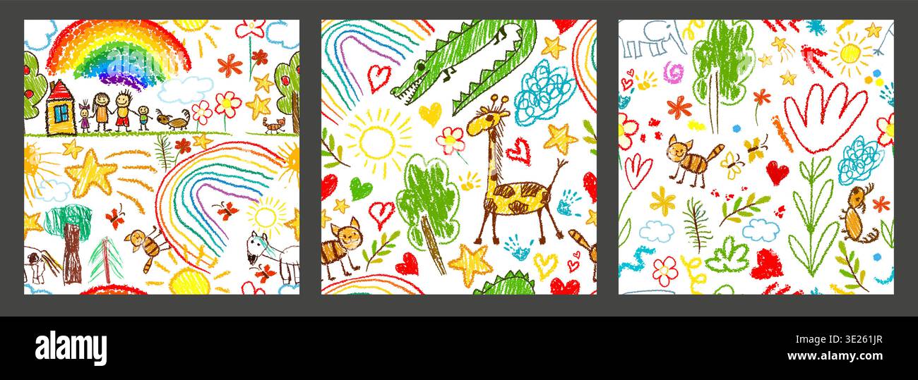 set of seamless children's background patterns . Hand drawn. Not AI, vector illustration. Stock Vector