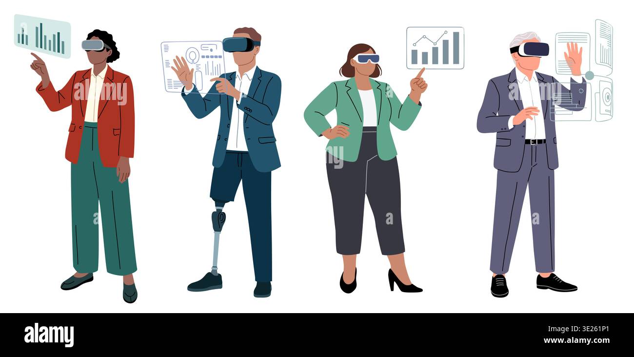 Set of pbusiness people wearing VR headsets Stock Vector