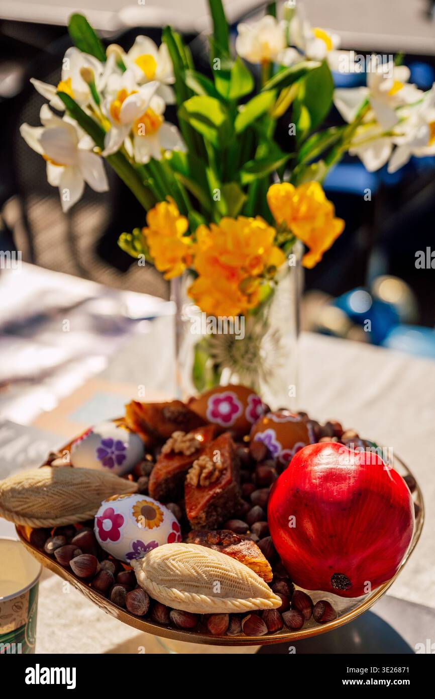 Festive Breakfast Table Setting. Decorative Arrangement For Springtime Brunch Gathering Stock Photo