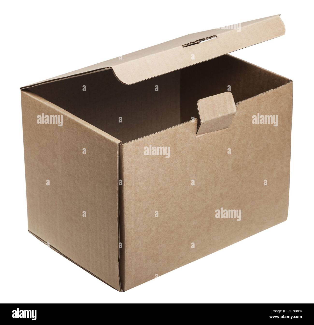 Slightly open cardboard box isolated on white background Stock Photo