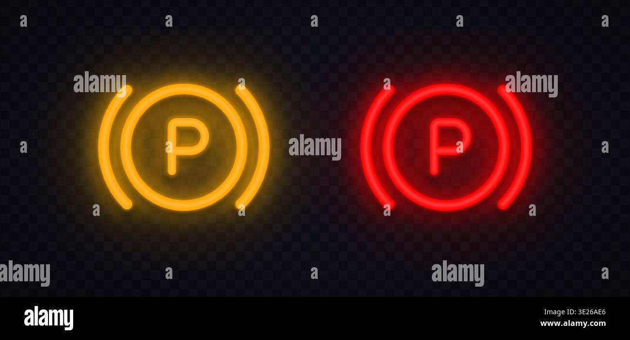 Neon parking brake icons with letter P in glowing circle. Bright ...