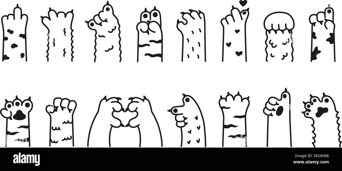 Funny cats animal paw gestures set, cute doodle hands, rude finger ...