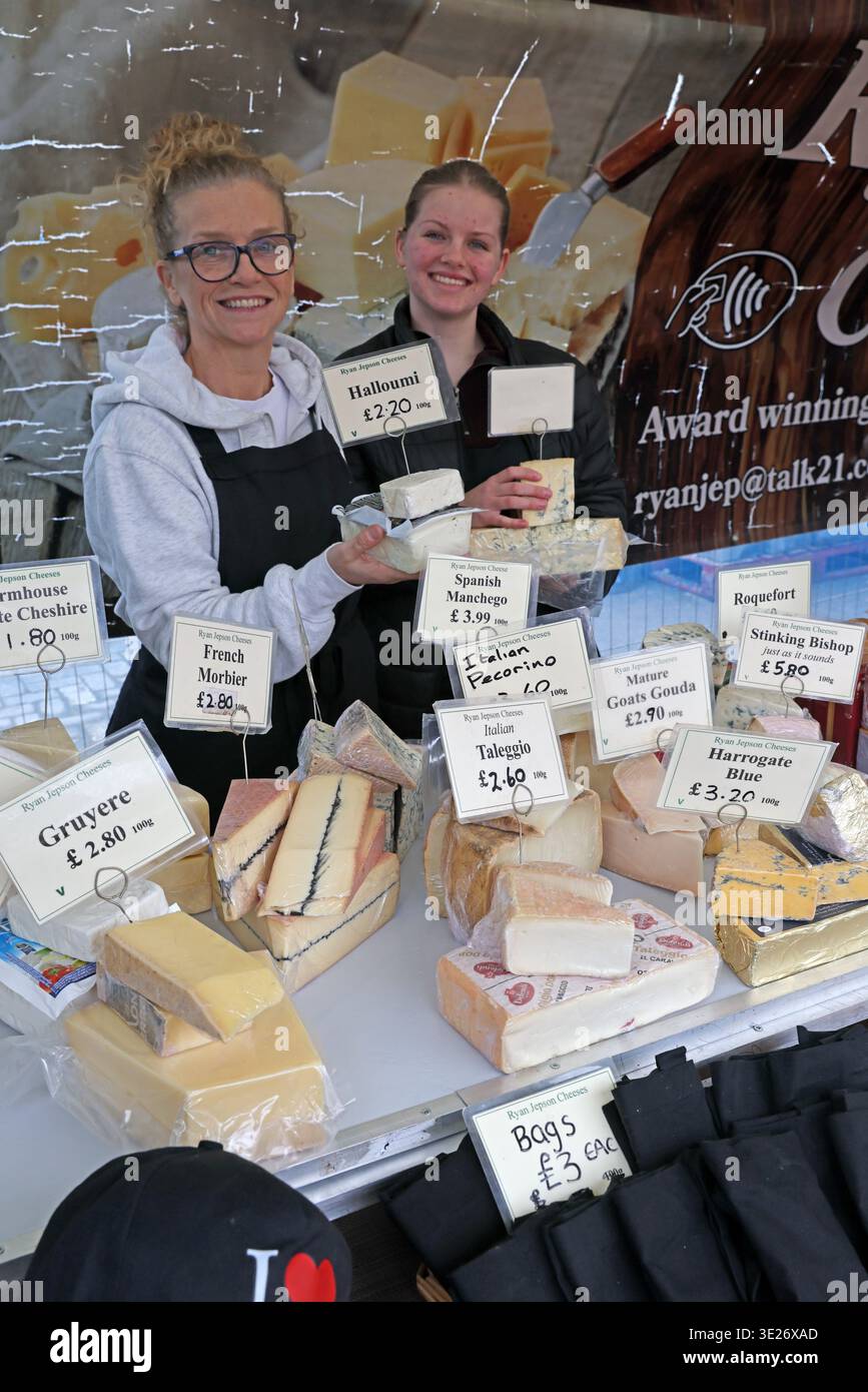 Ryan Jephson Cheese stall at Beverley Market, East Riding of Yorkshire, England, with specialist cheeses on display. Stock Photo