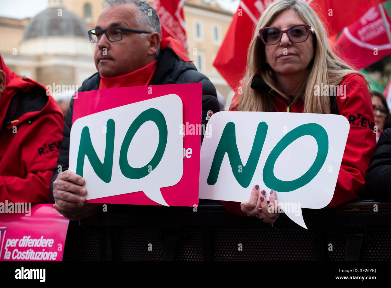 Demonstration Only Rome, Italy. 18th march 2026. People holding signs saying Vote No ...