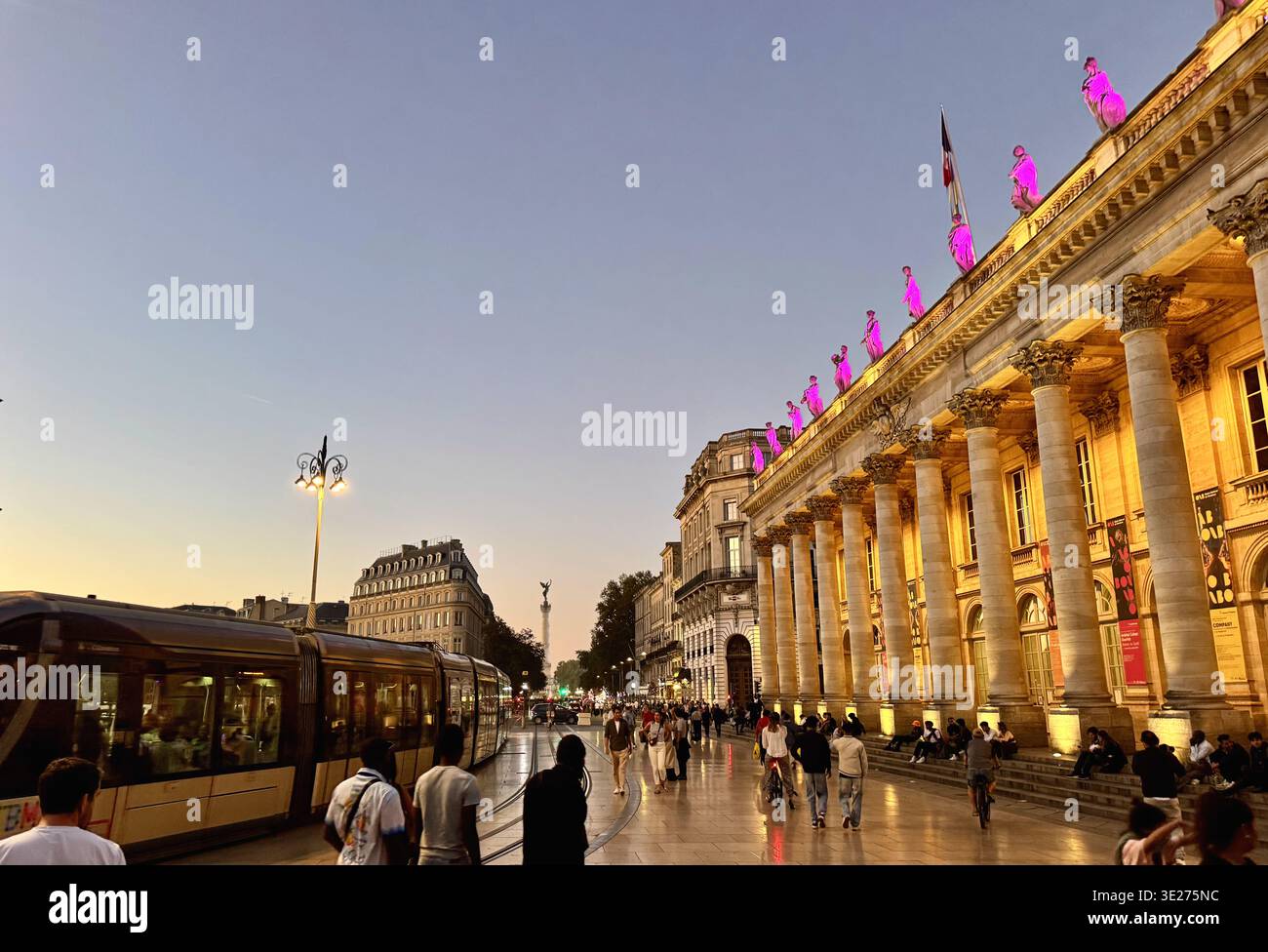 Sunset from Place de la Comedie and National Opera Theater with Tram, Bordeaux City, France Stock Photo