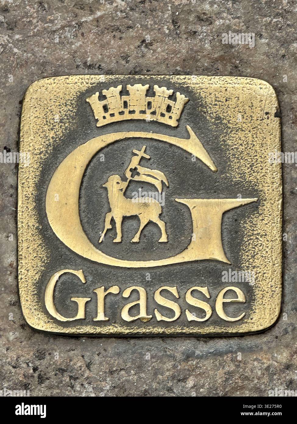 Coat of arms in brass,  Grasse, France - Smartphone Captured Stock Image