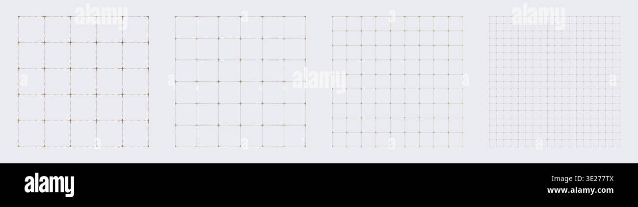 Square grid collection dashed plus geometry, four samples blueprint style. Dotted line structure lattice, interface layouts editorial compositions planning sheets dashboards technology graphics Stock Vector