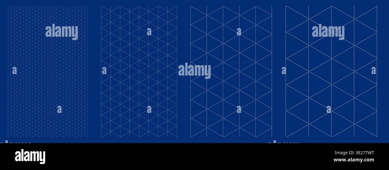Blueprint grid set dotted isometric geometry, four scale variations. Wide medium dense micro spacing comparison, engineering layouts dashboards notebook pages interface planning systems technology. Stock Vector