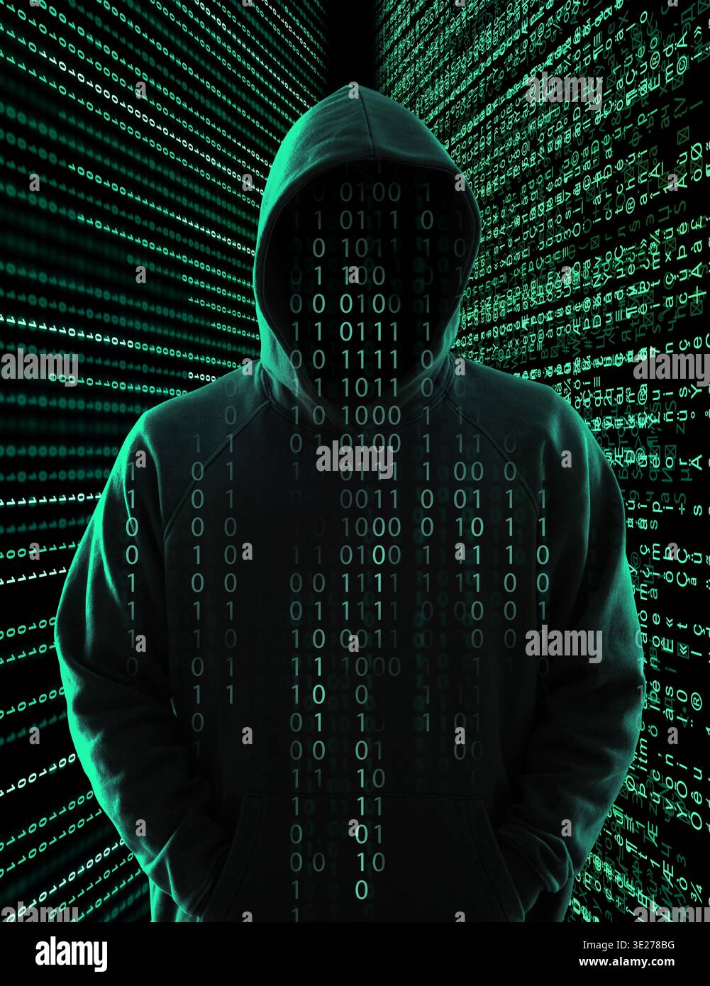 Criminal in hood and different digital codes. Cyber security Stock Photo