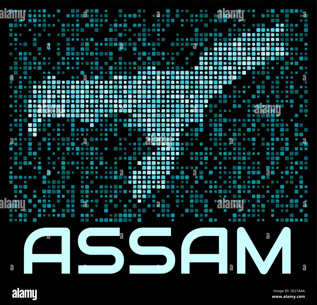 Assam, India digital dotted map. Shape of the state in cyan color ...