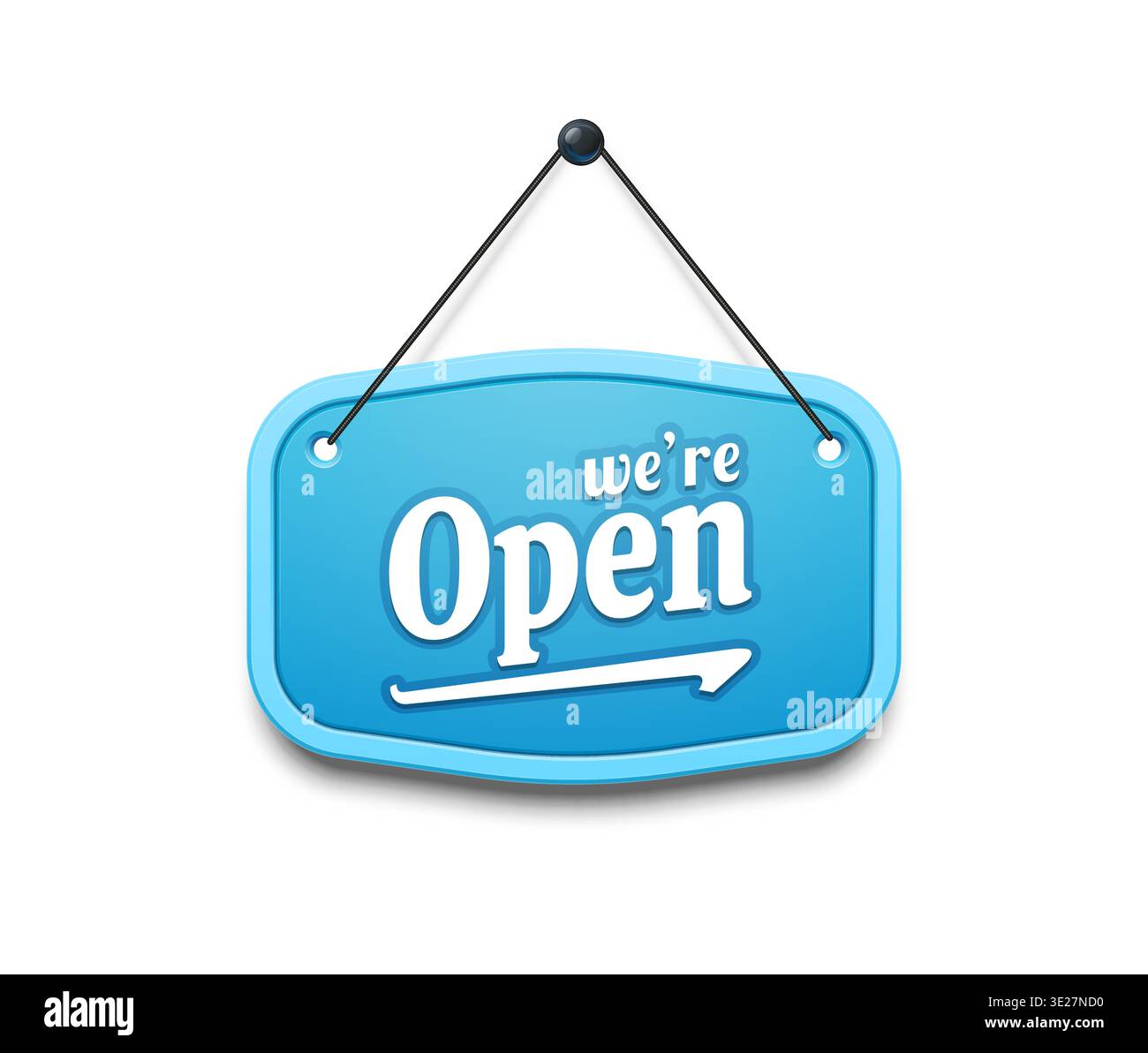 Open and closed signboard, shop store door sign board. Hanging sign with glossy blue rounded rectangle panel suspended by black cord. Vector element for retail stores, cafes and restaurants Stock Vector