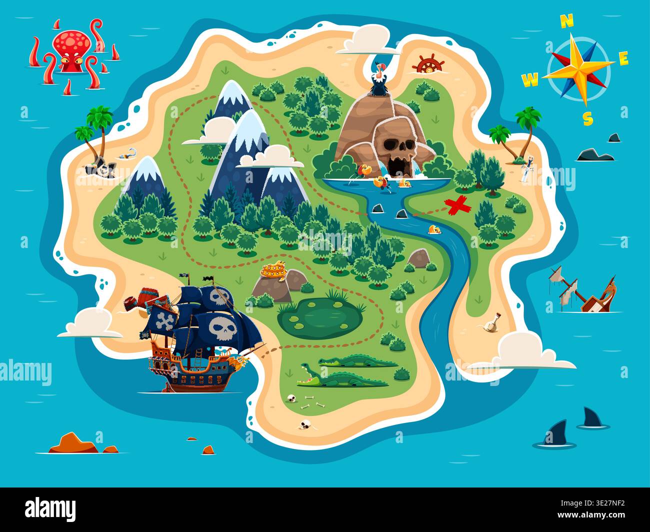 Tropical Caribbean island map with pirate treasures and path to them ...