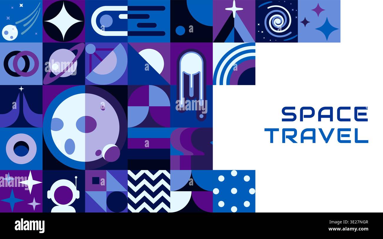 Modern poster with galaxy space geometric pattern and abstract shapes, vector background. Space pattern of geometric line mosaic galaxy planets, stars and spaceman or alien UFO and rocket spaceship Stock Vector