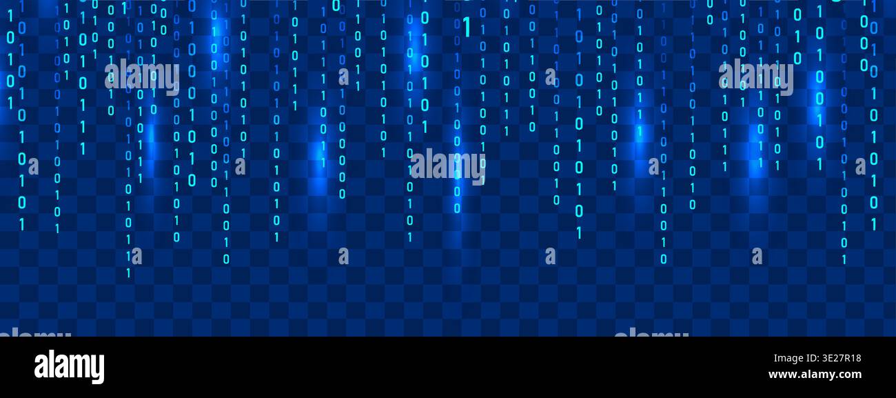 Abstract binary code Rain. Dynamic data flow with futuristic light effect. Programming symbols on blue backdrop. Modern techno banner. Vector Stock Vector