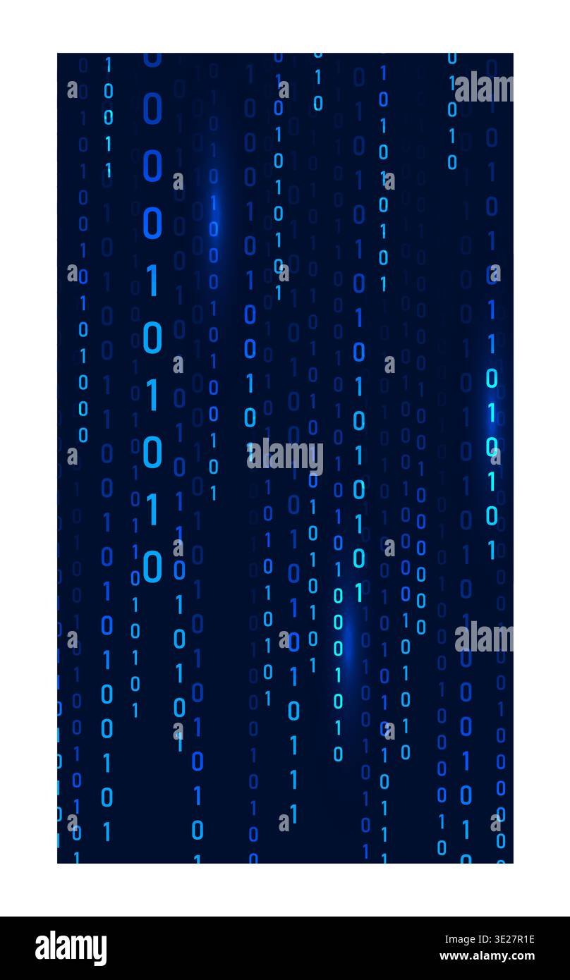 Binary Rain background. Abstract hacker code with data streams and falling numbers on computer screen. Vector illustration Stock Vector