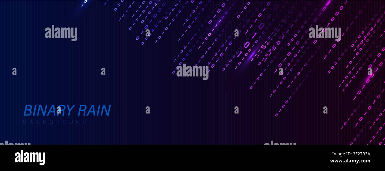 Binary Rain background. Hacker code and falling numbers on computer. Neon futuristic cyberspace. Vector illustration Stock Vector