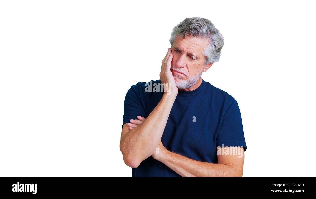 Senior man feeling worried and pensive on transparent background Stock Photo