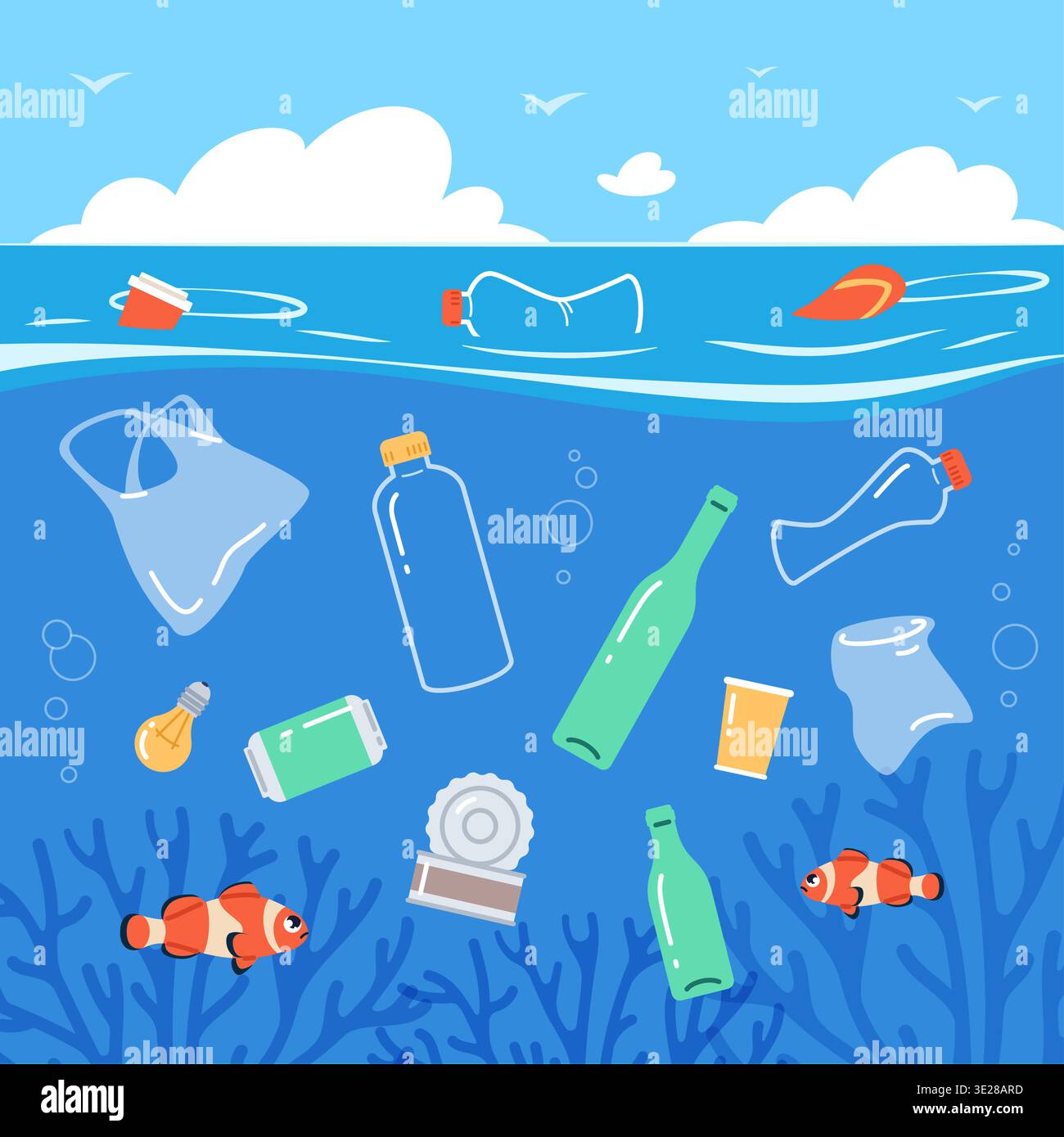 Marine debris. Cartoon sea garbage, plastic pollution of world oceans, environmental problem, ecosystem disruption, underwater scene with floating Stock Vector