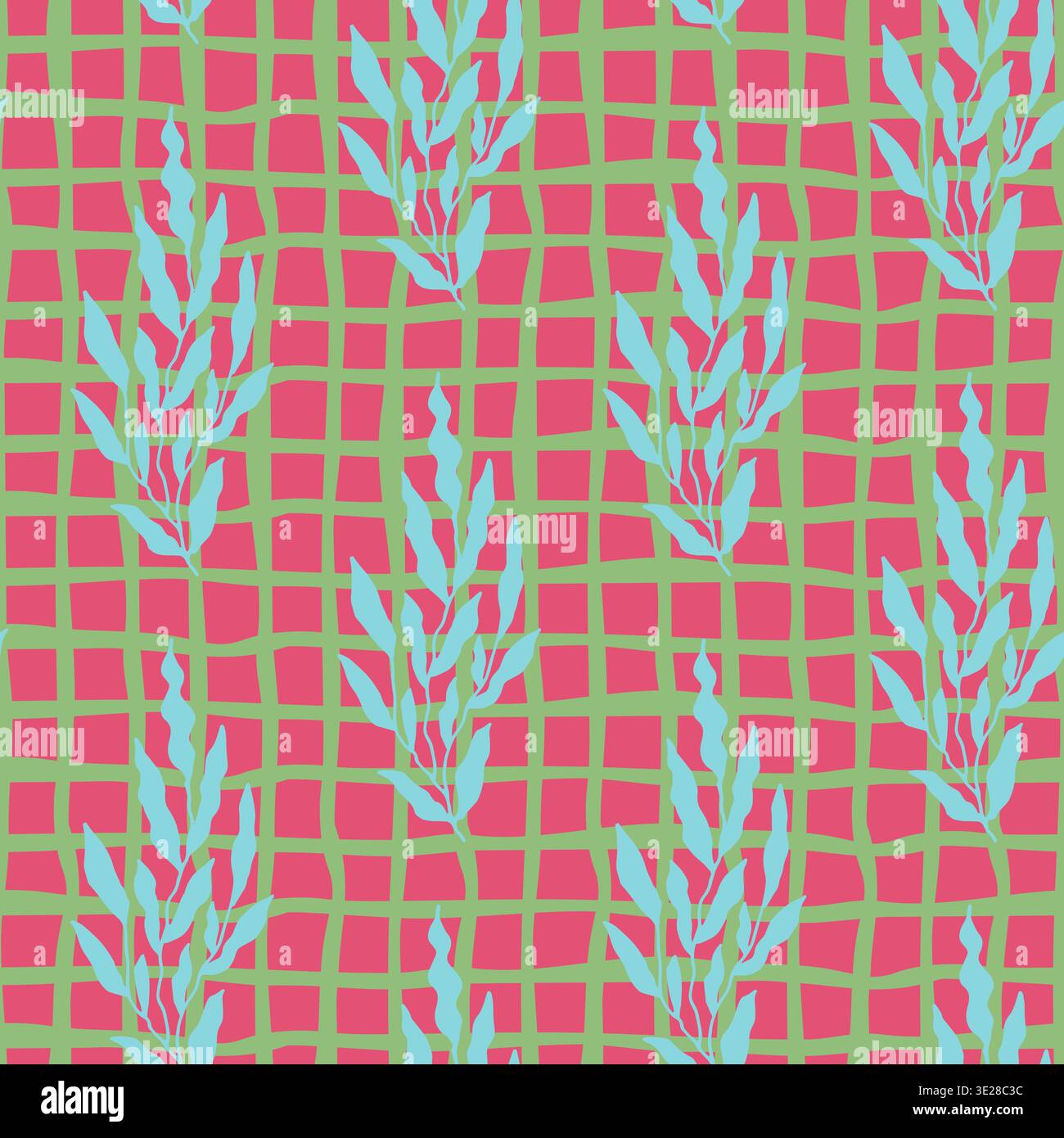 Abstract Blue Leaves Red Grid Pattern Stock Vector