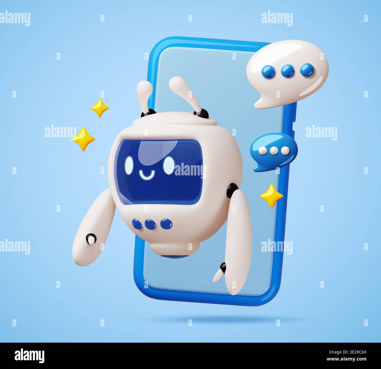 3d robot helps from smartphone. Funny android character, online assistant, digital render mascot, friendly chatbot, mobile messaging support, digital Stock Vector