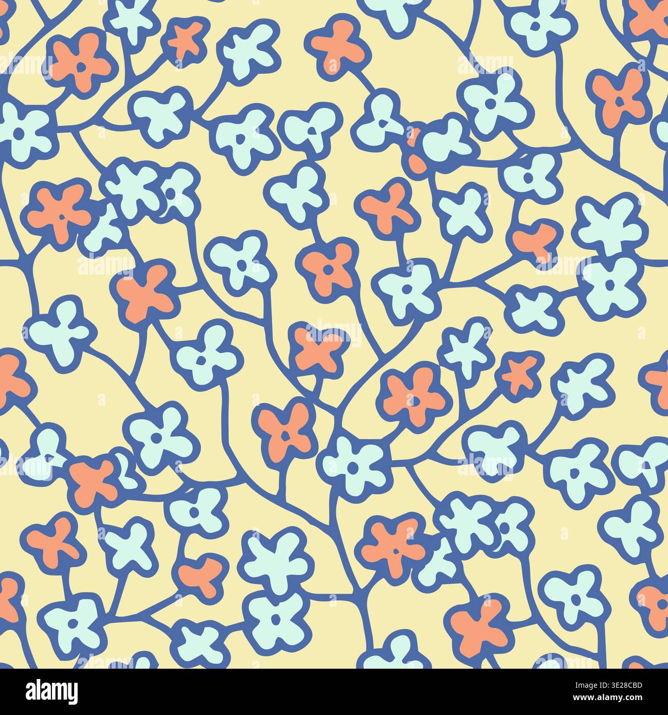 Playful Blue Orange Ditsy Floral Pattern Stock Vector