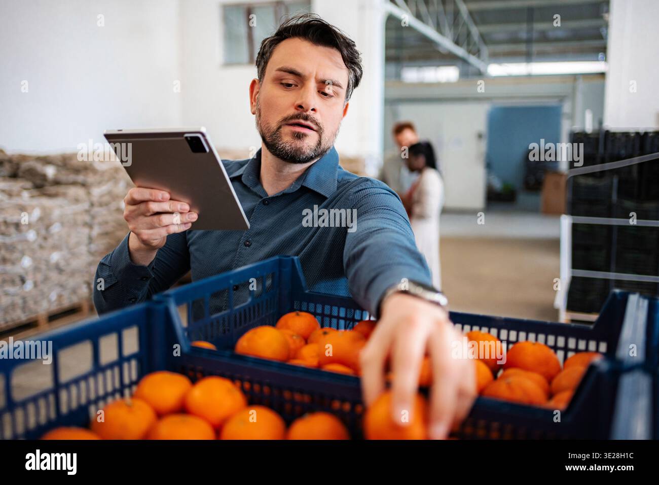Man checking oranges inventory with digital tablet in warehouse Stock Photo