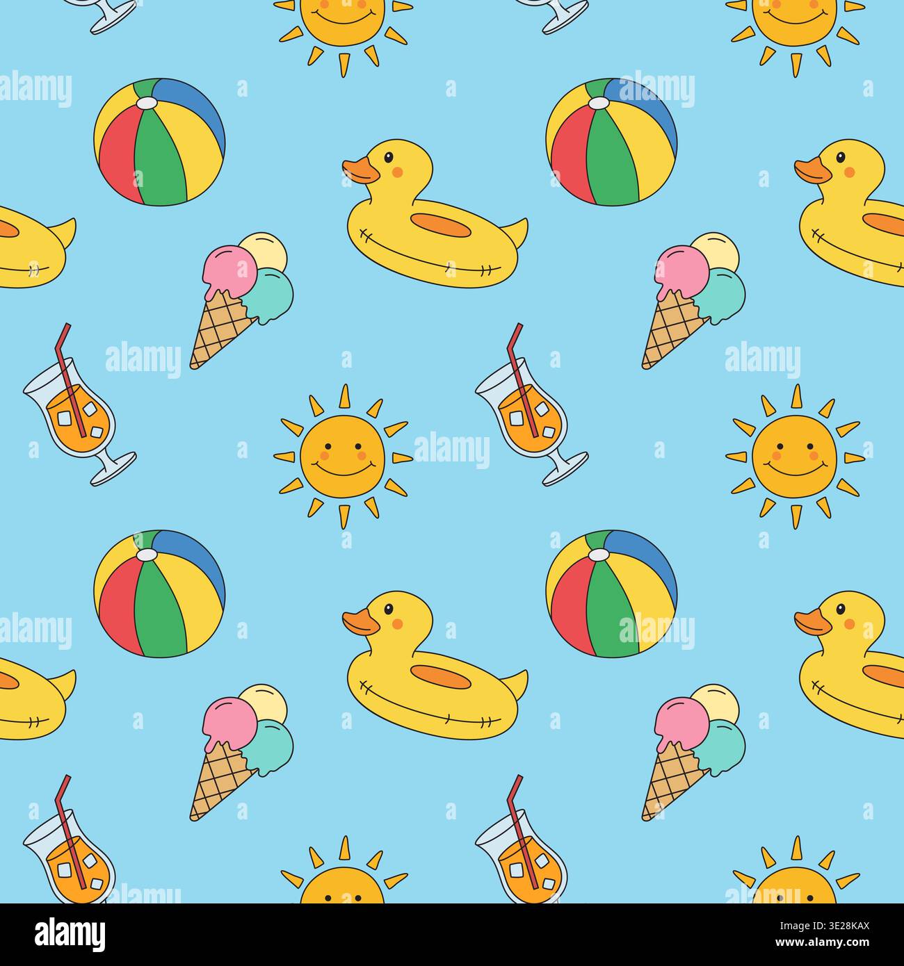 Summer seamless pattern pool party fun beach time. Stock Vector