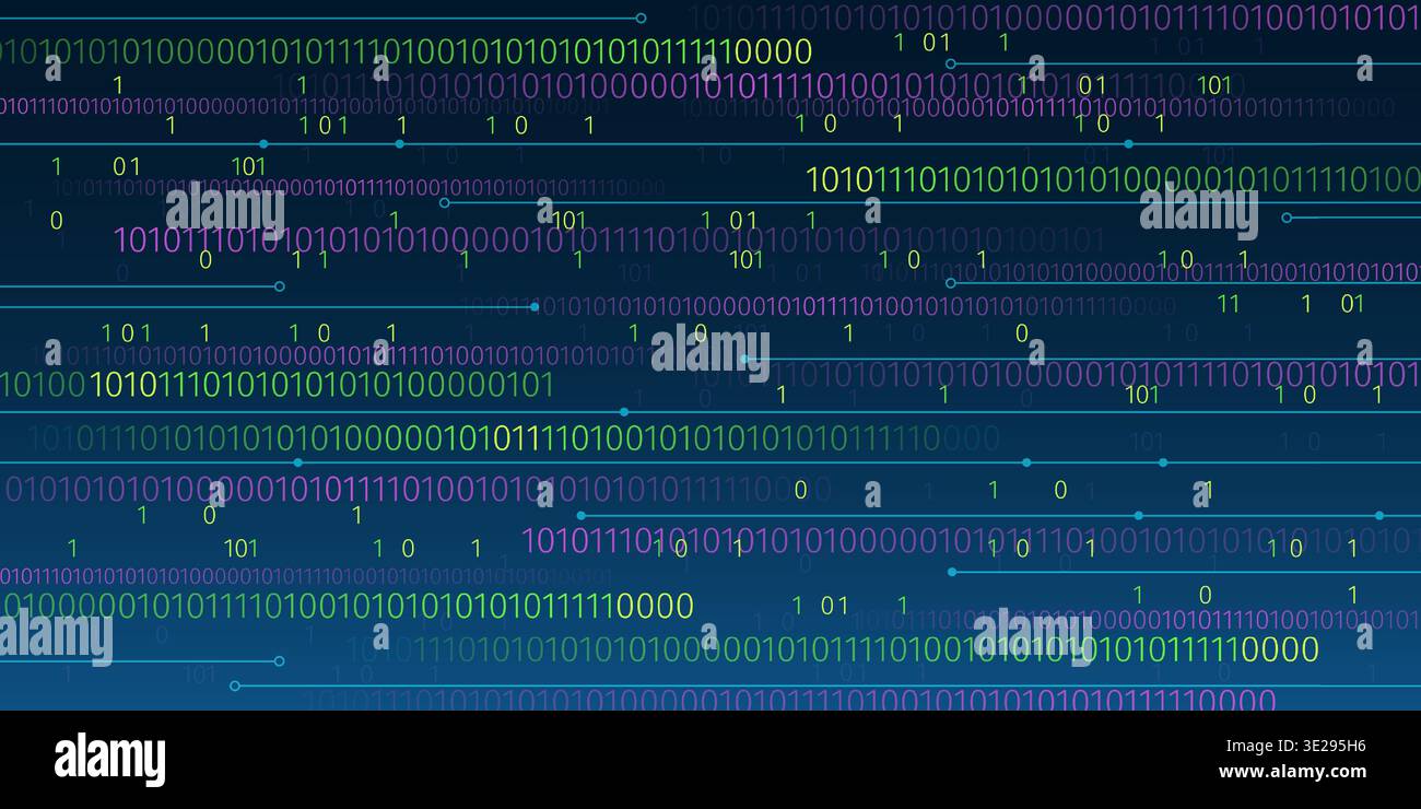 Binary code matrix on blue cyber background with abstract data streams and glowing lines. Technology concept with computer numbers in digital network pattern for futuristic programming visualization. Stock Vector