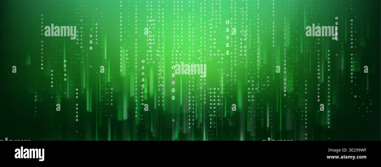 Abstract green binary code background with number lines. Vector realistic illustration of neon matrix wallpaper with glitch effect, data security, computer software programming, hacker cyber attack Stock Vector
