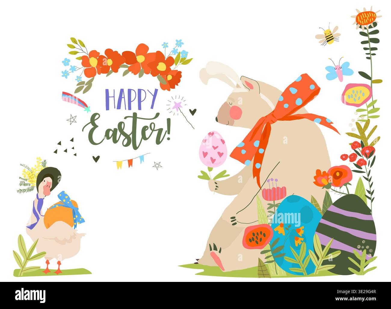 Easter Card with Flowers, Bear and Easter Eggs Stock Vector