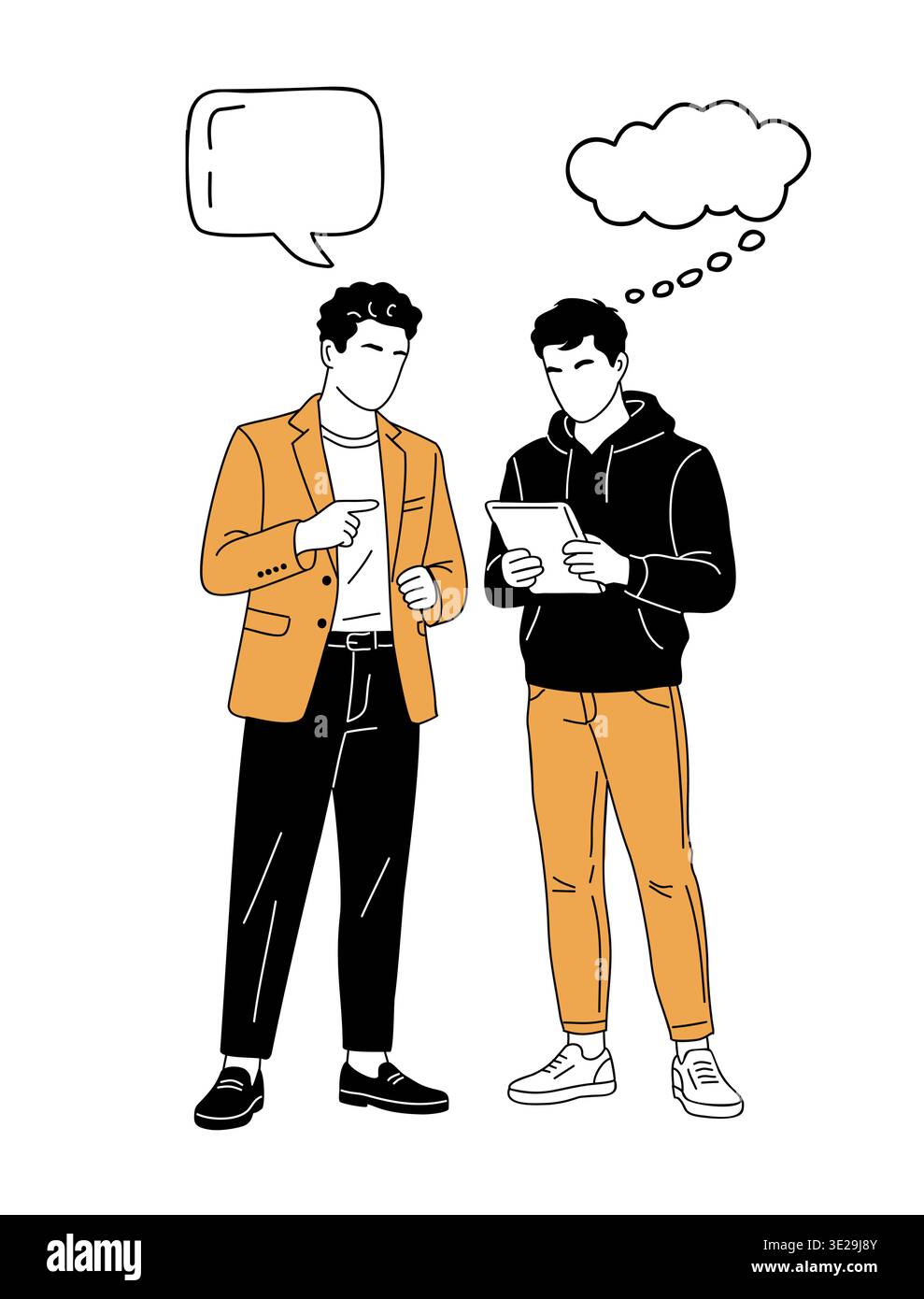 Two men stand side by side engaged in conversation Stock Vector