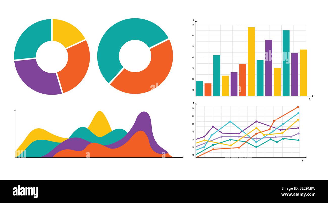 Modern Business Infographic Elements with Colorful Pie Charts Bar Graphs and Data Analysis Charts Stock Vector