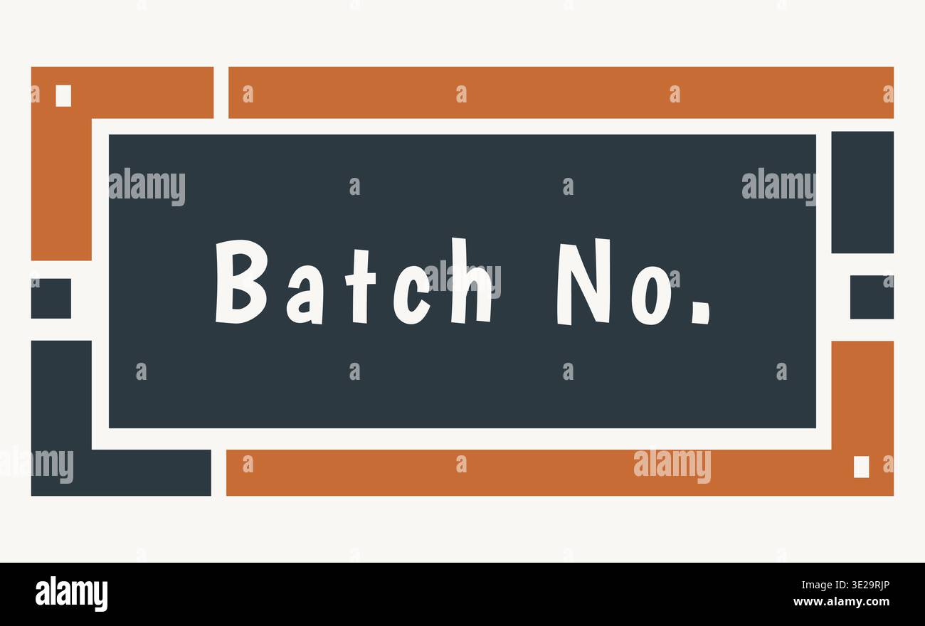 Decorative rectangular label card featuring batch number text centered inside a dark panel with layered geometric border blocks in warm neutral tones. Stock Vector
