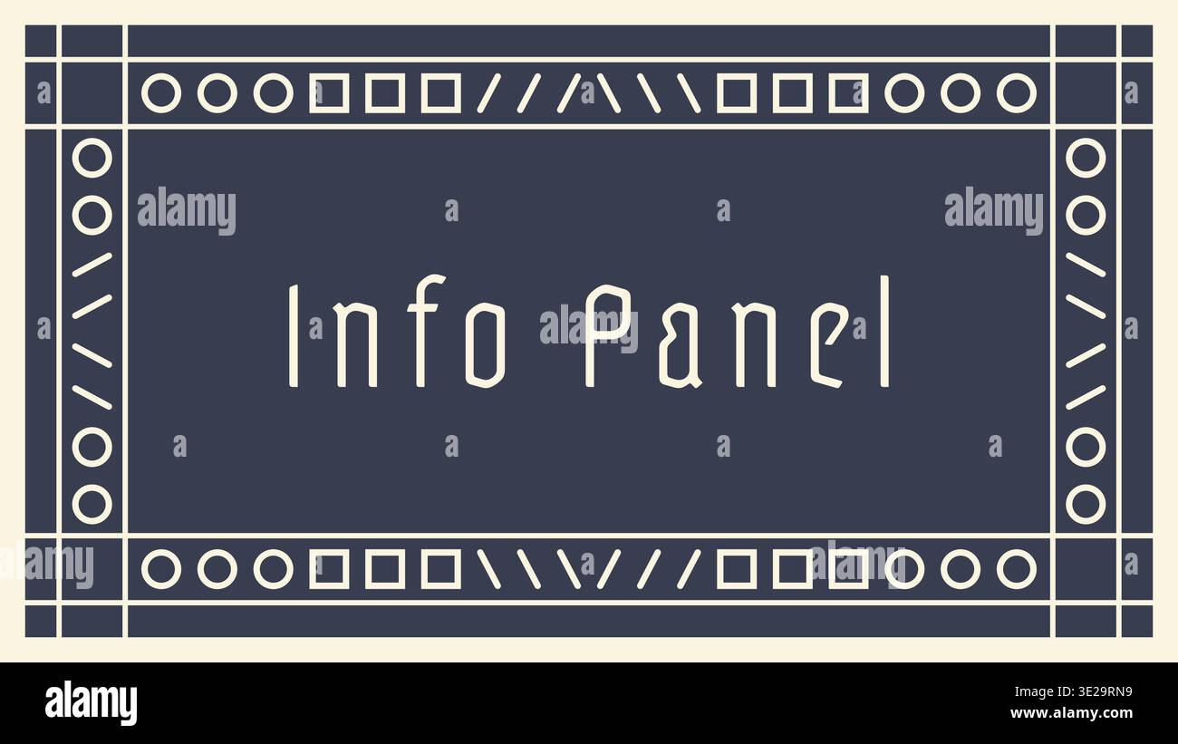 Detailed rectangular information panel featuring centered info panel text surrounded by an intricate ornamental border with repeating geometric accent Stock Vector