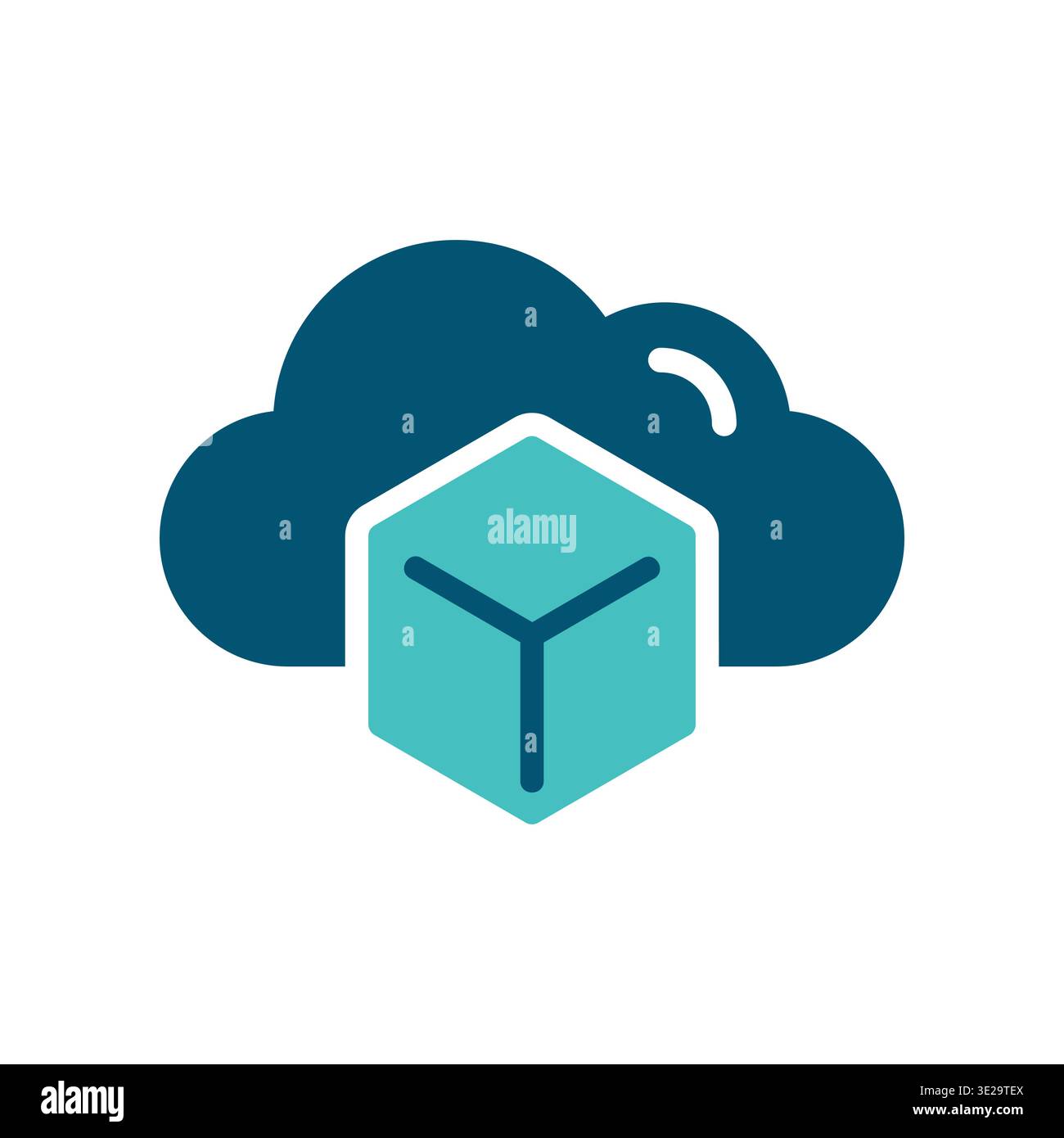 A cloud with a cube represents virtualization and abstract cloud resources. This graphic suits infrastructure dashboards, hosting services, datacenter Stock Vector