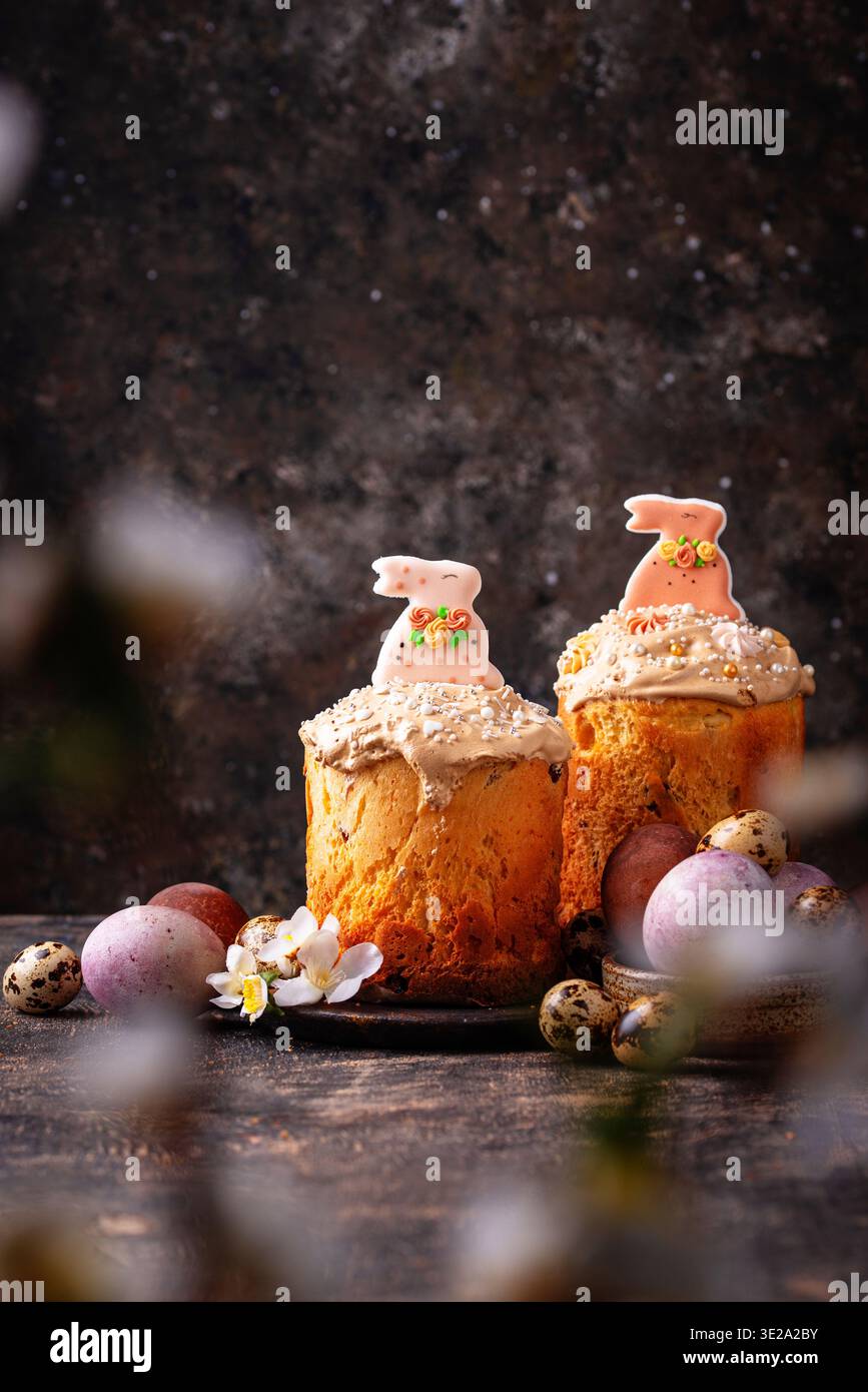 Traditional Easter cake kulich and eggs Stock Photo
