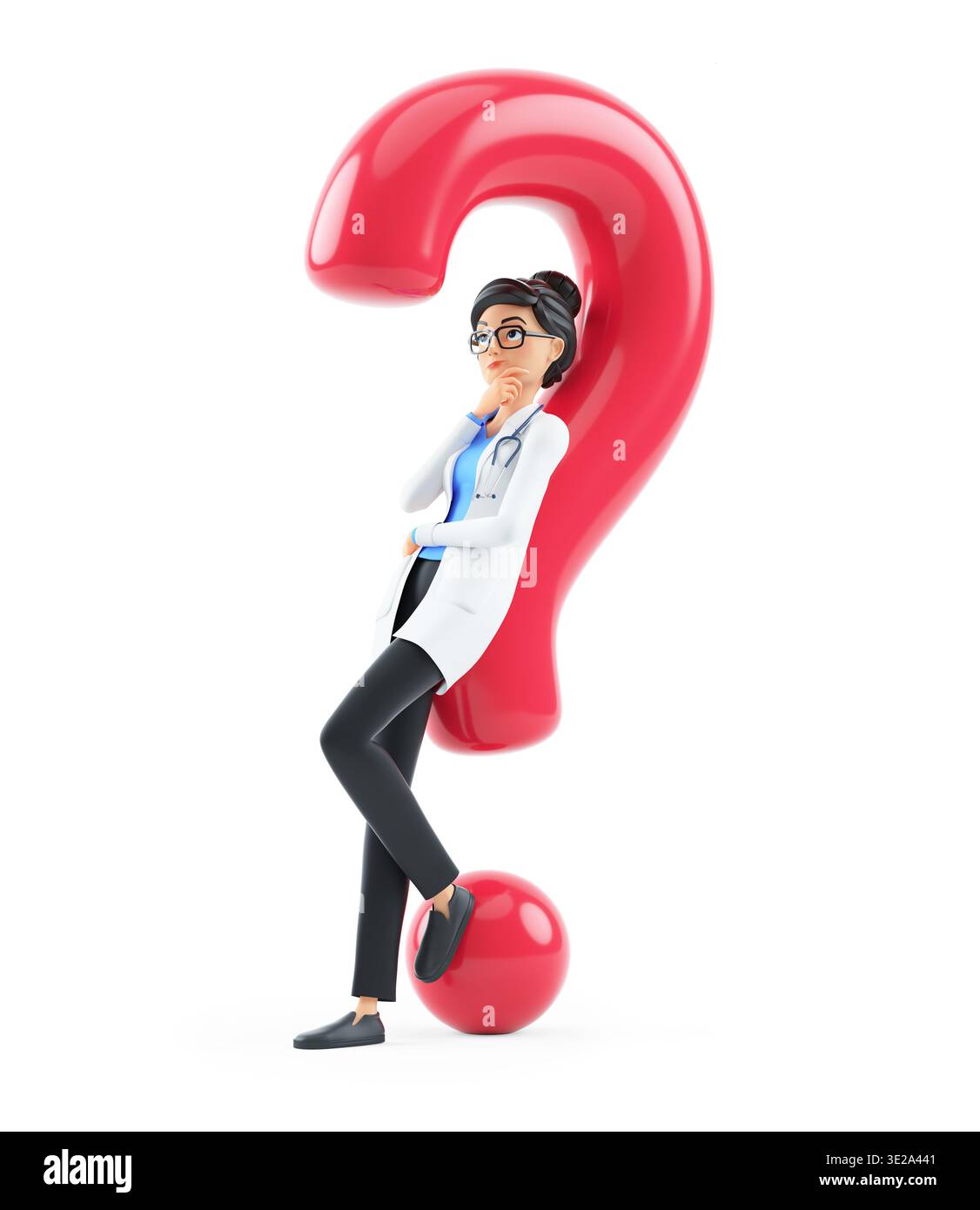3d cartoon female doctor leaning under question mark, illustration ...