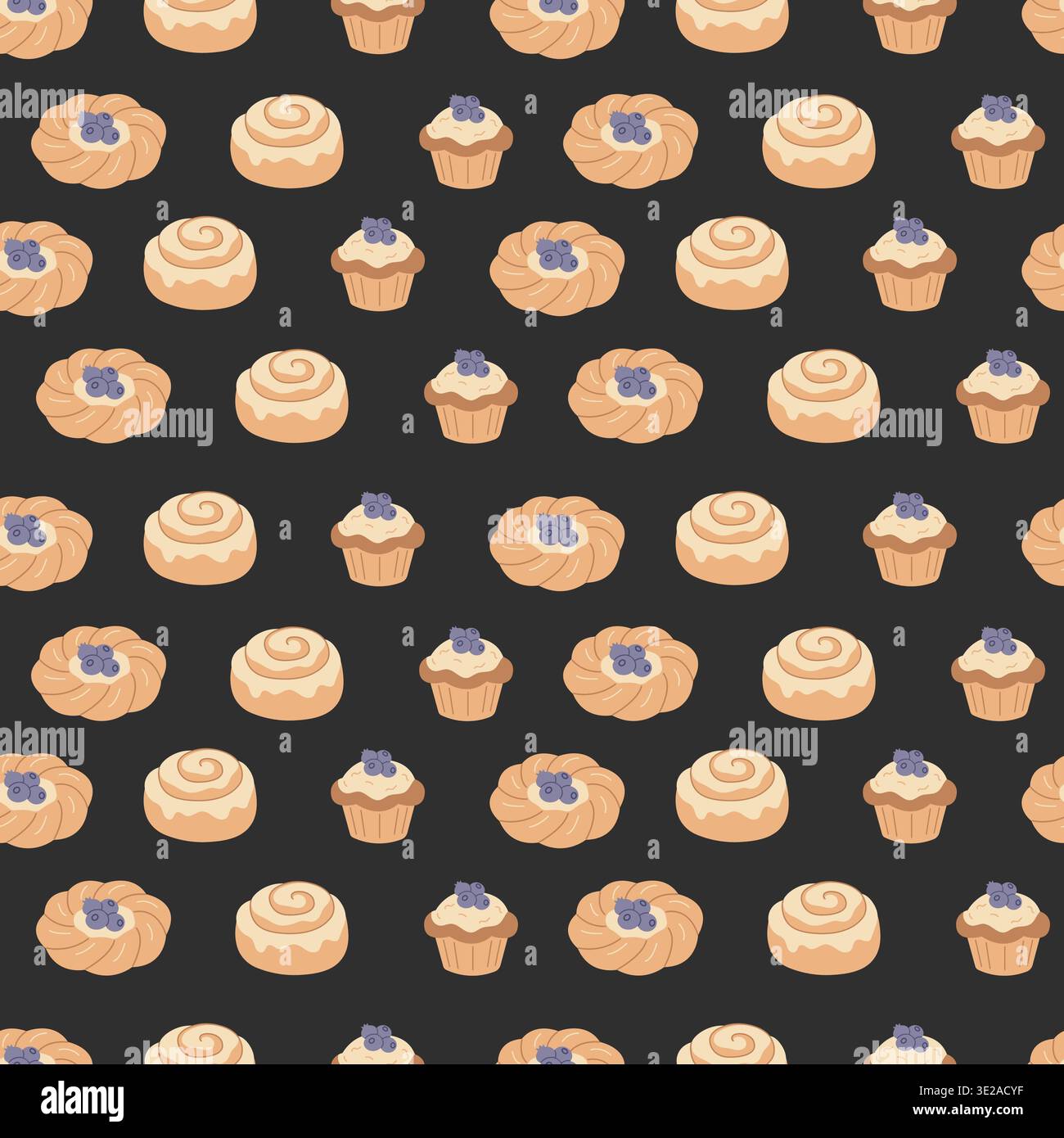 Sweet bakery seamless pattern with pastry on dark background vector illustration. Stock Vector
