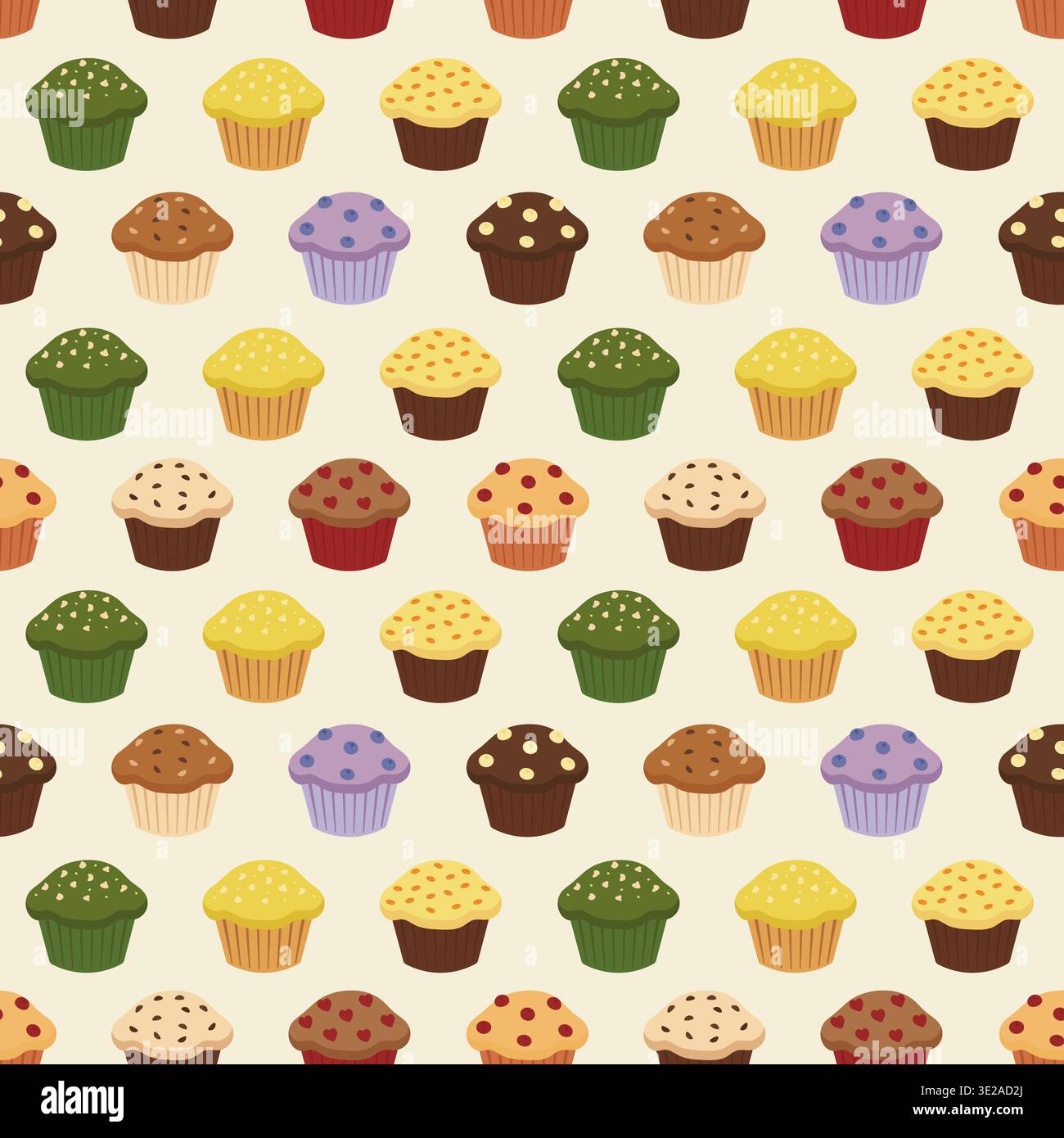 Seamless pattern with various sweet cupcakes and muffins vector illustration. Stock Vector